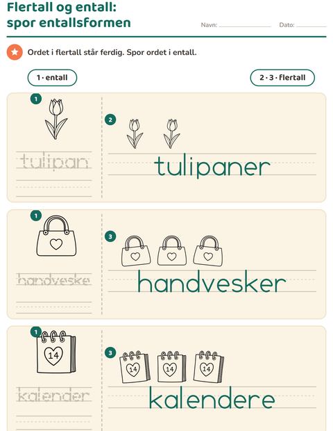 Forhåndsvisning av Entall og flertall-arbeidsark med Valentinsdag SH 2 for Barnehage (5-7 år)