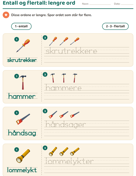 Forhåndsvisning av Entall og flertall-arbeidsark med Verktøy for Barnehage (5-7 år)