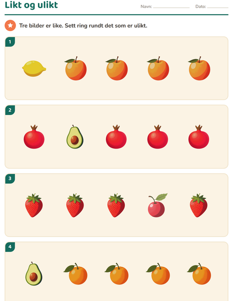 Forhåndsvisning av Visuell oppmerksomhet-arbeidsark med Frukter for Barnehage (5-7 år)