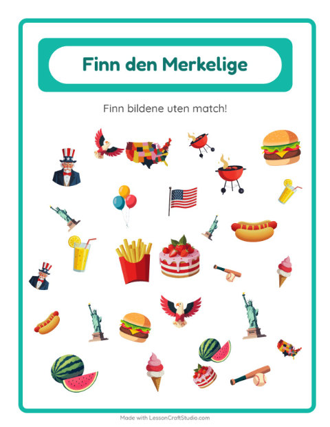 Forhåndsvisning av Finn Objektene-arbeidsark med 4. juli for Barnehage (5-7 år)
