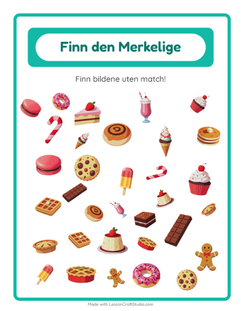 Forhåndsvisning av Finn Objektene-arbeidsark med Desserter og godteri for Barnehage (5-7 år)