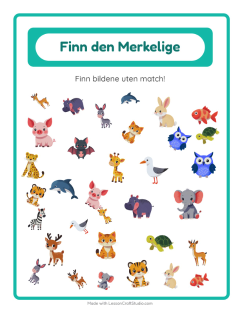 Forhåndsvisning av Finn Objektene-arbeidsark med Dyr for Barnehage (5-7 år)