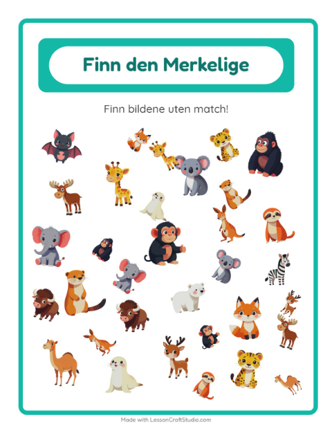 Forhåndsvisning av Finn Objektene-arbeidsark med Dyrehagedyr for Barnehage (5-7 år)