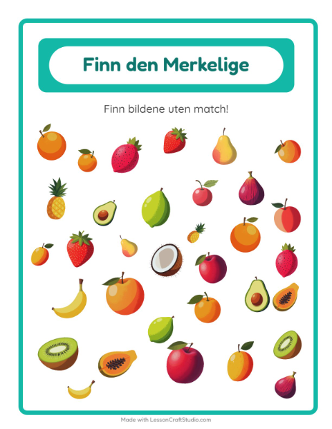 Forhåndsvisning av Finn Objektene-arbeidsark med Frukter for Barnehage (5-7 år)