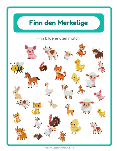 Forhåndsvisning av Finn Objektene-arbeidsark med Gårdsdyr for Barnehage (5-7 år)