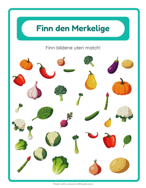 Forhåndsvisning av Finn Objektene-arbeidsark med Grønnsaker for Barnehage (5-7 år)