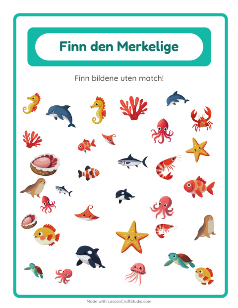 Forhåndsvisning av Finn Objektene-arbeidsark med Havliv for Barnehage (5-7 år)