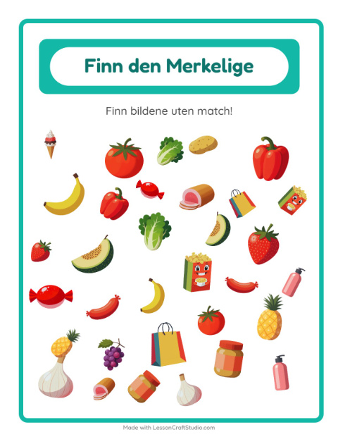 Forhåndsvisning av Finn Objektene-arbeidsark med I supermarkedet for Barnehage (5-7 år)