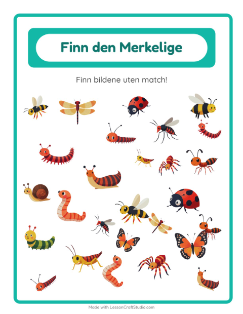 Forhåndsvisning av Finn Objektene-arbeidsark med Insekter og kryp for Barnehage (5-7 år)