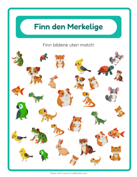 Forhåndsvisning av Finn Objektene-arbeidsark med Kjæledyr for Barnehage (5-7 år)