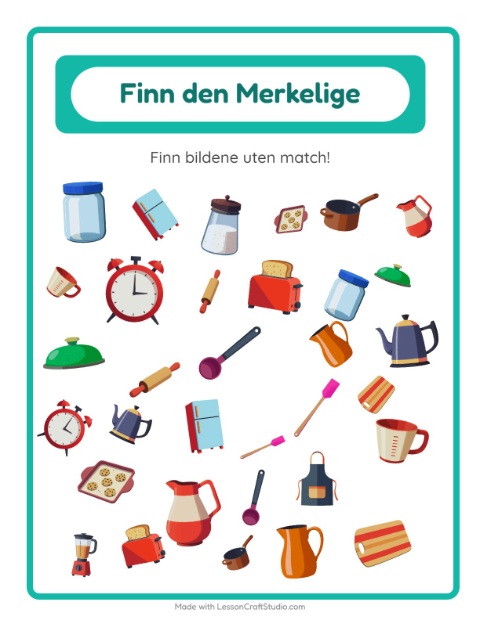 Forhåndsvisning av Finn Objektene-arbeidsark med Kjøkkenredskaper for Barnehage (5-7 år)
