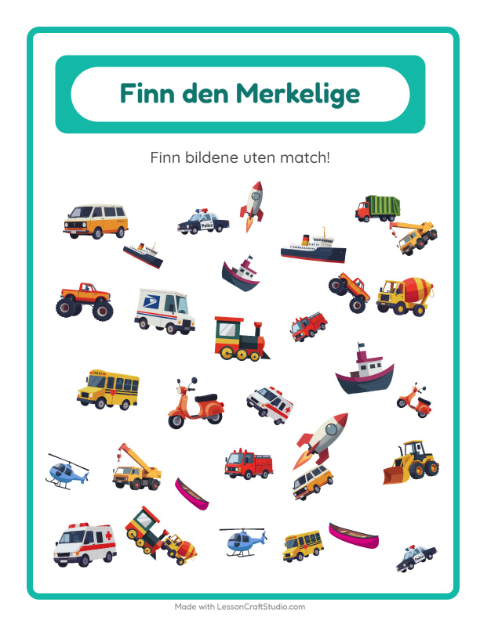 Forhåndsvisning av Finn Objektene-arbeidsark med Kjøretøy for Barnehage (5-7 år)