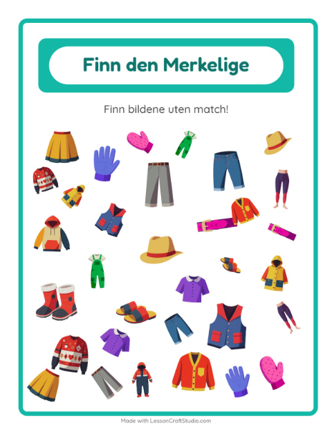Forhåndsvisning av Finn Objektene-arbeidsark med Klær for Barnehage (5-7 år)