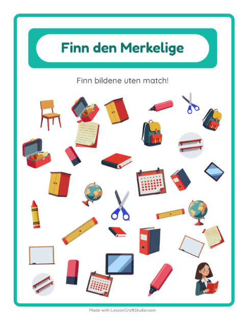Forhåndsvisning av Finn Objektene-arbeidsark med Klasserom for Barnehage (5-7 år)