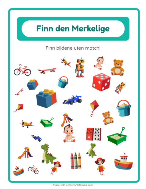Forhåndsvisning av Finn Objektene-arbeidsark med Leker for Barnehage (5-7 år)