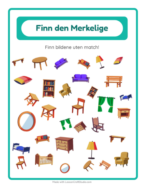 Forhåndsvisning av Finn Objektene-arbeidsark med Møbler for Barnehage (5-7 år)