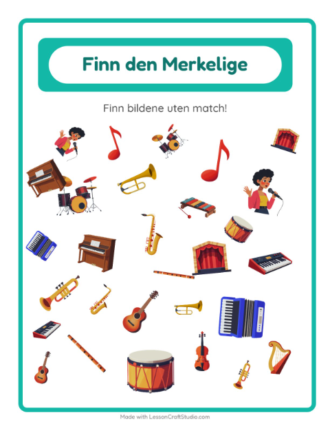 Forhåndsvisning av Finn Objektene-arbeidsark med Musikk for Barnehage (5-7 år)