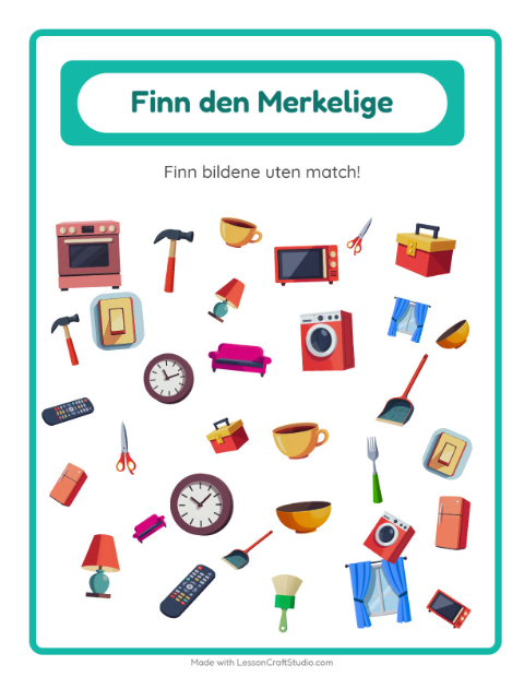 Forhåndsvisning av Finn Objektene-arbeidsark med Rundt i huset for Barnehage (5-7 år)