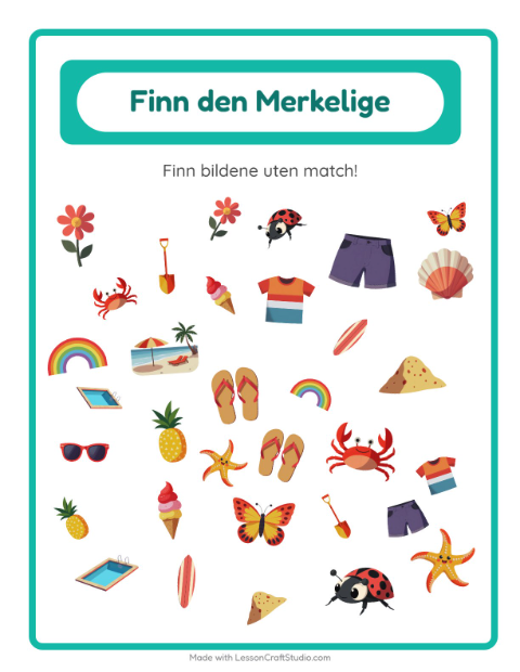 Forhåndsvisning av Finn Objektene-arbeidsark med Sommer for Barnehage (5-7 år)