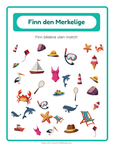 Forhåndsvisning av Finn Objektene-arbeidsark med Strand for Barnehage (5-7 år)