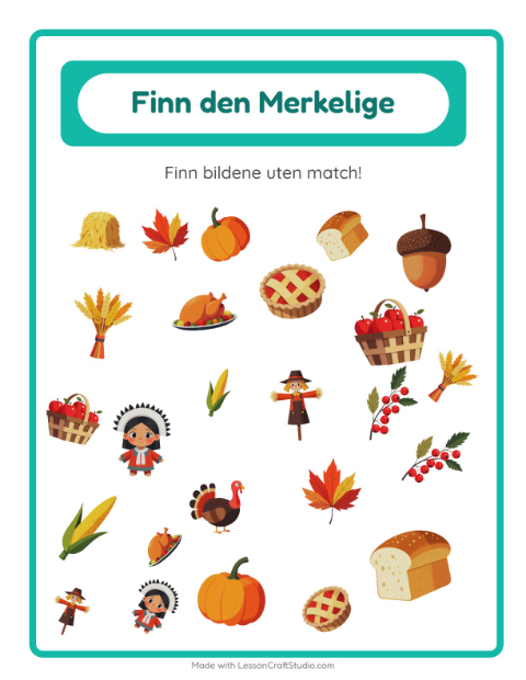Forhåndsvisning av Finn Objektene-arbeidsark med Thanksgiving for Barnehage (5-7 år)