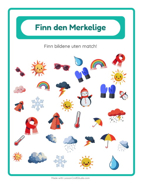 Forhåndsvisning av Finn Objektene-arbeidsark med Vær for Barnehage (5-7 år)