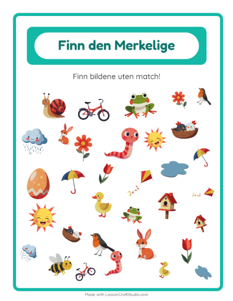 Forhåndsvisning av Finn Objektene-arbeidsark med Vår for Barnehage (5-7 år)