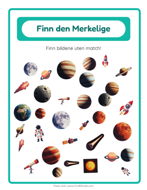 Forhåndsvisning av Finn Objektene-arbeidsark med Verdensrommet for Barnehage (5-7 år)