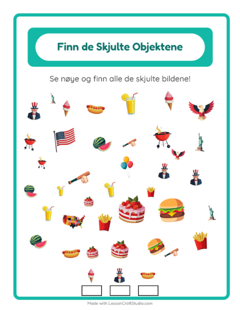 Forhåndsvisning av Finn Objektene-arbeidsark med 4. juli for Barnehage (5-7 år)