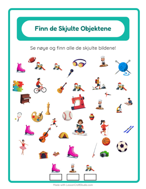 Forhåndsvisning av Finn Objektene-arbeidsark med Aktiviteter for Barnehage (5-7 år)
