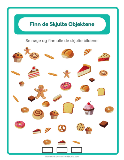 Forhåndsvisning av Finn Objektene-arbeidsark med Bakeri for Barnehage (5-7 år)