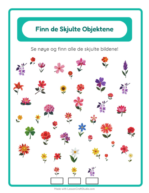 Forhåndsvisning av Finn Objektene-arbeidsark med Blomster for Barnehage (5-7 år)