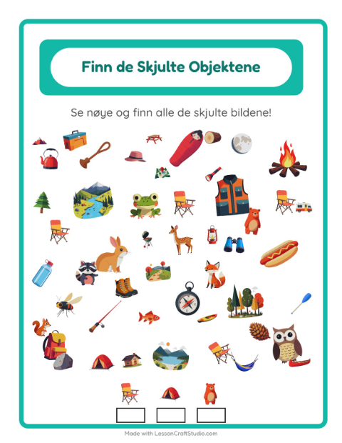 Forhåndsvisning av Finn Objektene-arbeidsark med Camping for Barnehage (5-7 år)