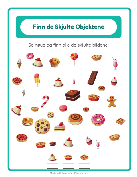 Forhåndsvisning av Finn Objektene-arbeidsark med Desserter og godteri for Barnehage (5-7 år)