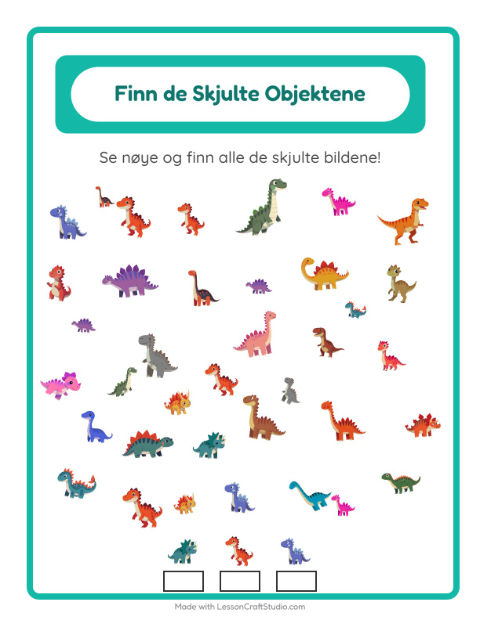 Forhåndsvisning av Finn Objektene-arbeidsark med Dinosaurer for Barnehage (5-7 år)