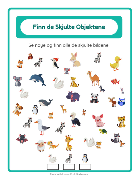 Forhåndsvisning av Finn Objektene-arbeidsark med Dyr for Barnehage (5-7 år)