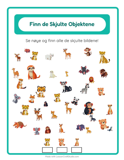 Forhåndsvisning av Finn Objektene-arbeidsark med Dyrehagedyr for Barnehage (5-7 år)
