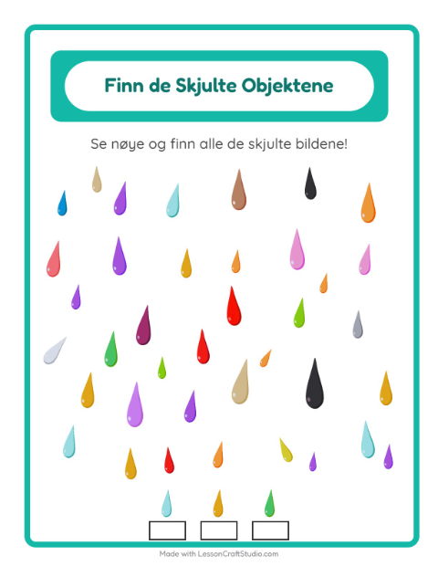 Forhåndsvisning av Finn Objektene-arbeidsark med Farger for Barnehage (5-7 år)