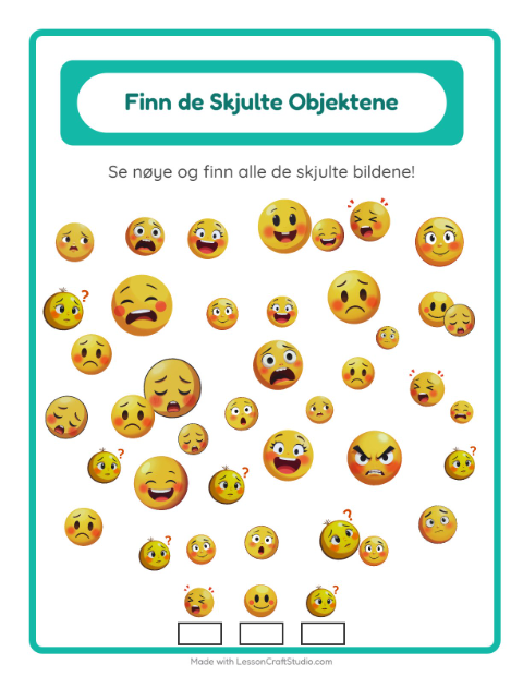 Forhåndsvisning av Finn Objektene-arbeidsark med Følelser for Barnehage (5-7 år)