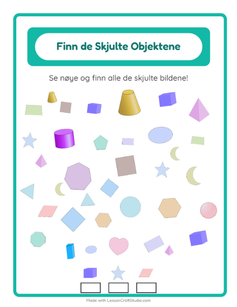 Forhåndsvisning av Finn Objektene-arbeidsark med Former for Barnehage (5-7 år)