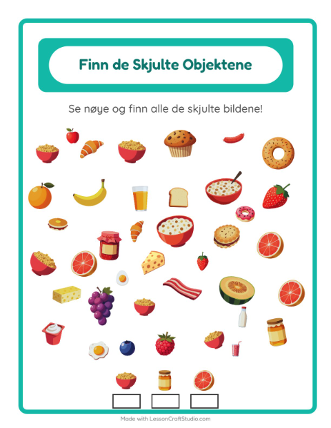 Forhåndsvisning av Finn Objektene-arbeidsark med Frokost for Barnehage (5-7 år)