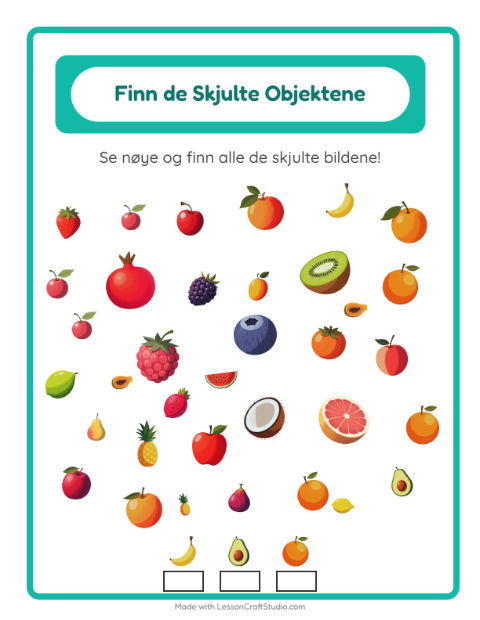 Forhåndsvisning av Finn Objektene-arbeidsark med Frukter for Barnehage (5-7 år)