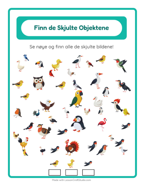 Forhåndsvisning av Finn Objektene-arbeidsark med Fugler 2 for Barnehage (5-7 år)