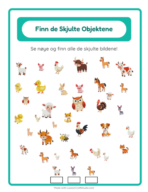 Forhåndsvisning av Finn Objektene-arbeidsark med Gårdsdyr for Barnehage (5-7 år)