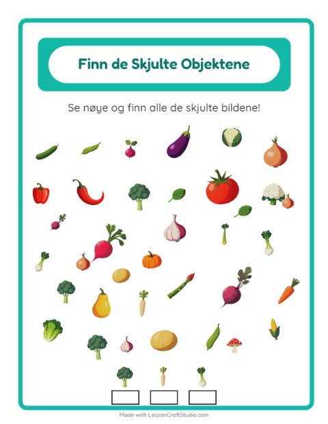 Forhåndsvisning av Finn Objektene-arbeidsark med Grønnsaker for Barnehage (5-7 år)