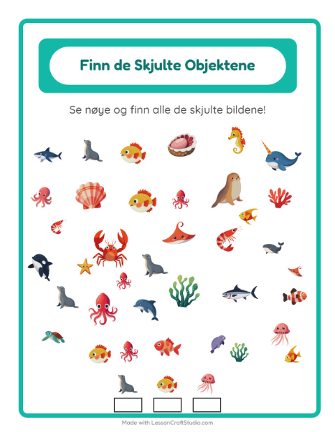 Forhåndsvisning av Finn Objektene-arbeidsark med Havliv for Barnehage (5-7 år)