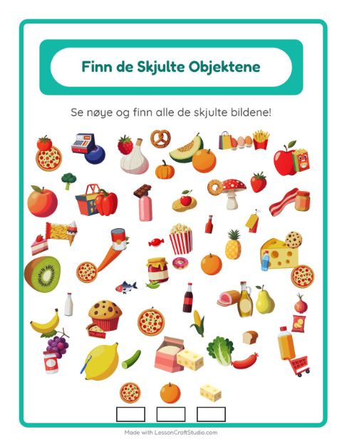 Forhåndsvisning av Finn Objektene-arbeidsark med I supermarkedet for Barnehage (5-7 år)