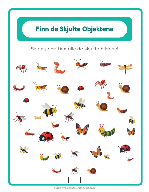 Forhåndsvisning av Finn Objektene-arbeidsark med Insekter og kryp for Barnehage (5-7 år)