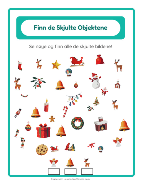 Forhåndsvisning av Finn Objektene-arbeidsark med Jul for Barnehage (5-7 år)