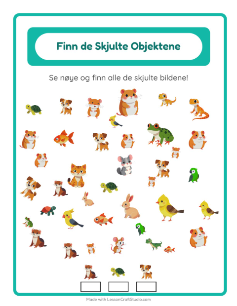 Forhåndsvisning av Finn Objektene-arbeidsark med Kjæledyr for Barnehage (5-7 år)